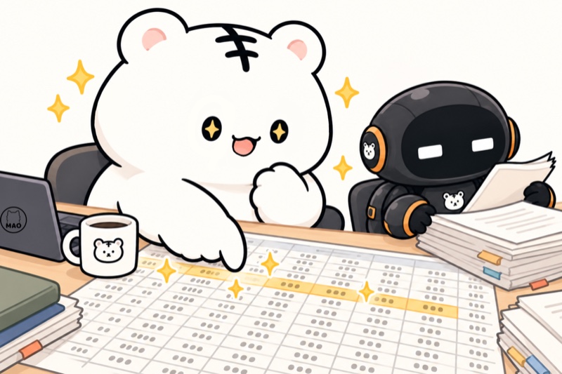 表を見て目を輝かせるまおねこと、資料をめくるクロコ
