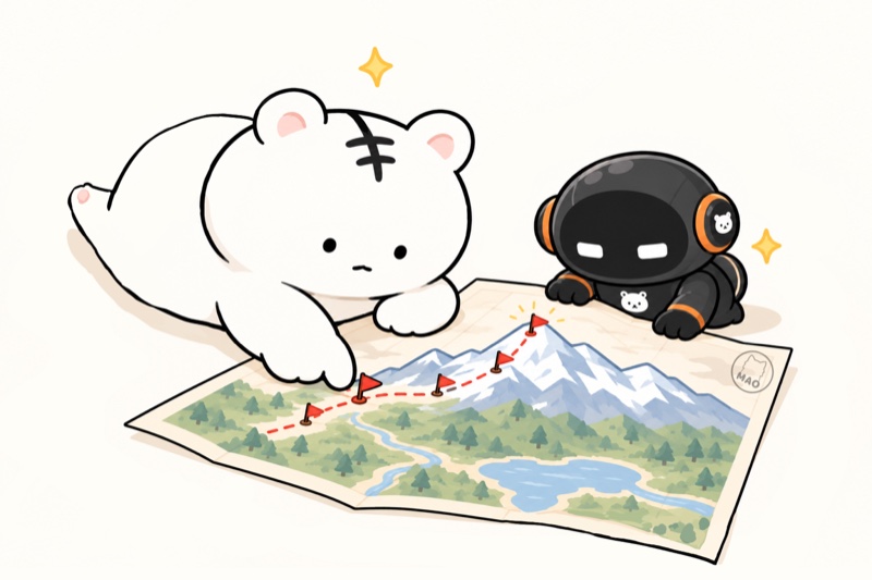 山の地図を広げて、ルートを指でなぞるまおねことクロコ