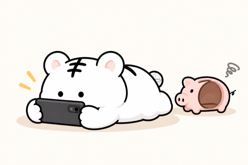 スマホのゲームに夢中のまおねこと、空っぽになった貯金箱