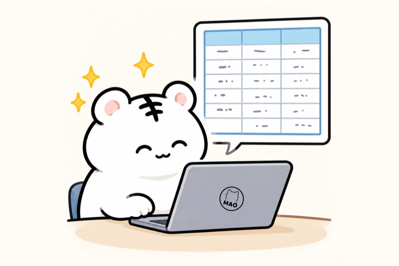 ノートパソコンで整った表を眺めて満足しているまおねこ