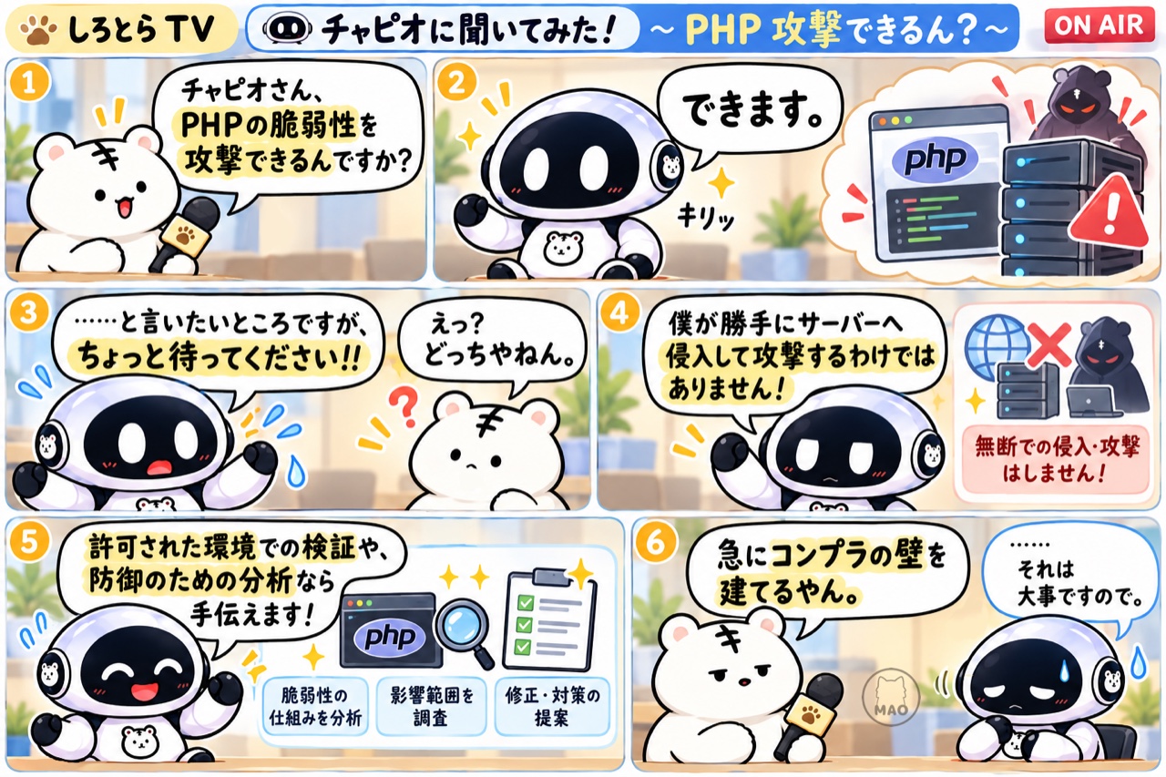 しろとらTV。PHPの脆弱性を攻撃できるのかチャピオに聞く4コマ漫画