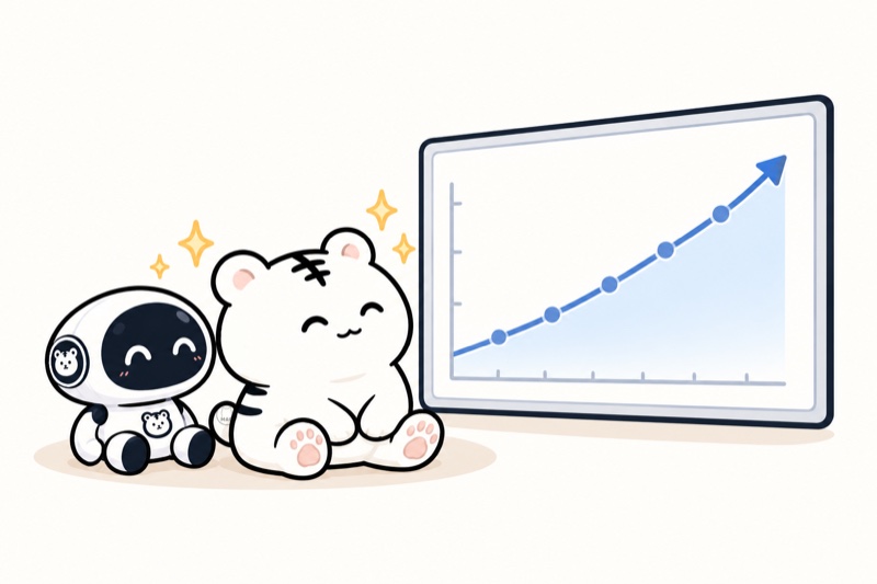 右肩上がりのグラフを眺めるまおねことチャピオ