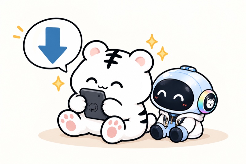 スマートフォンに下向きの矢印が出て、満足そうなまおねことミナイ