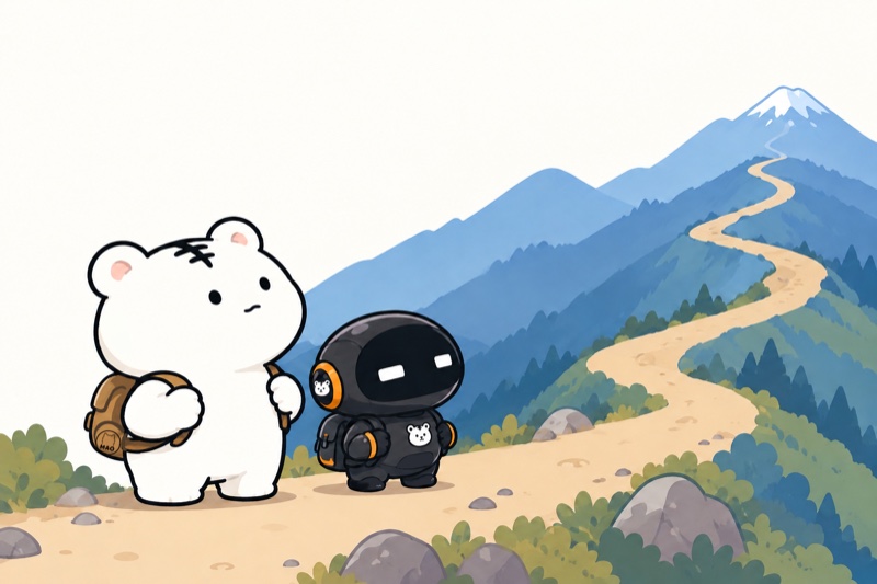 山道の途中から頂上を見上げるまおねことクロコ